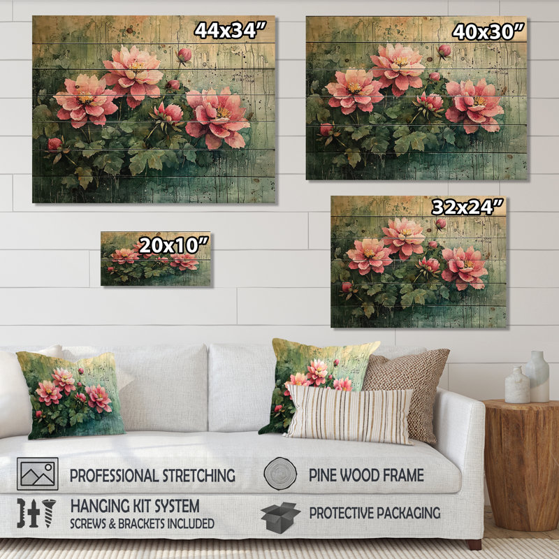 Décoration murale rétro Dalia Spring Symphony III - bois de dahlia - sur bois de pin naturel, H 10 po x l 20 po x P 0,78 po