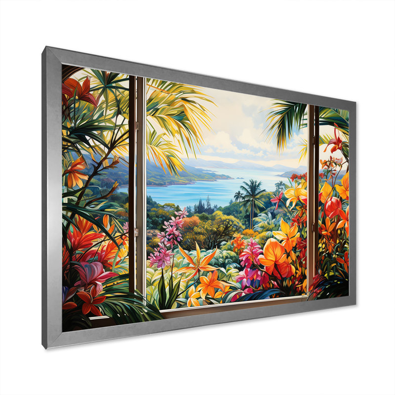 «Tropical Windows View Blooms 4 - Coastal Windows», art mural, H 16 po x l 32 po x P 1 po, Cadre de coin argenté fermé