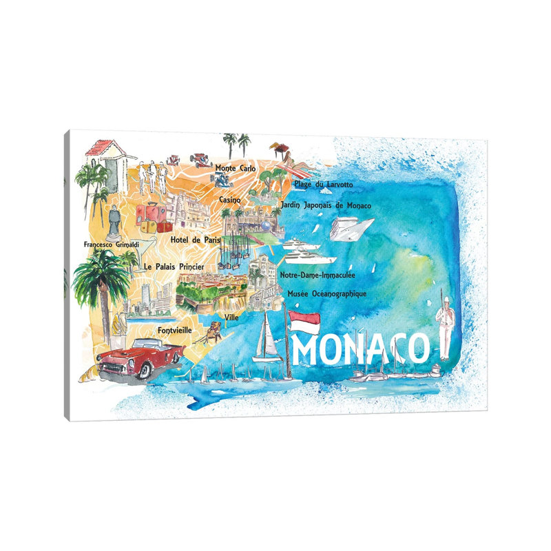 Monaco Monte Carlo Illustrated Map With Landmarks And Highlights by Markus & Martina Bleichner - Wrapped Canvas Painting