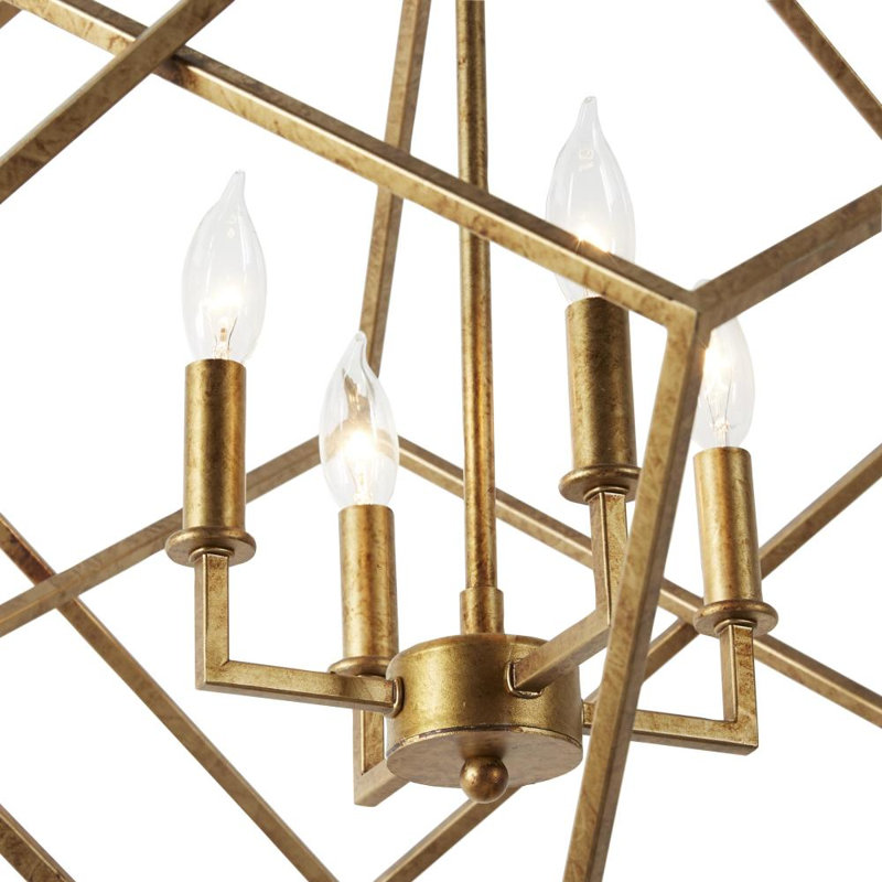 Gold Metal Geometric Caged 4 Light Room Chandelier with Link Style Chain