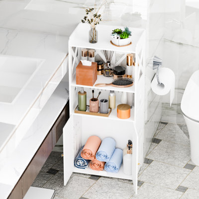 Bathroom Floor Cabinet, Free Standing Cabinet With Double Door And Shelf, Side Tall Storage Organizer For Living Room/Kitchen/Hallway/Home Office, White