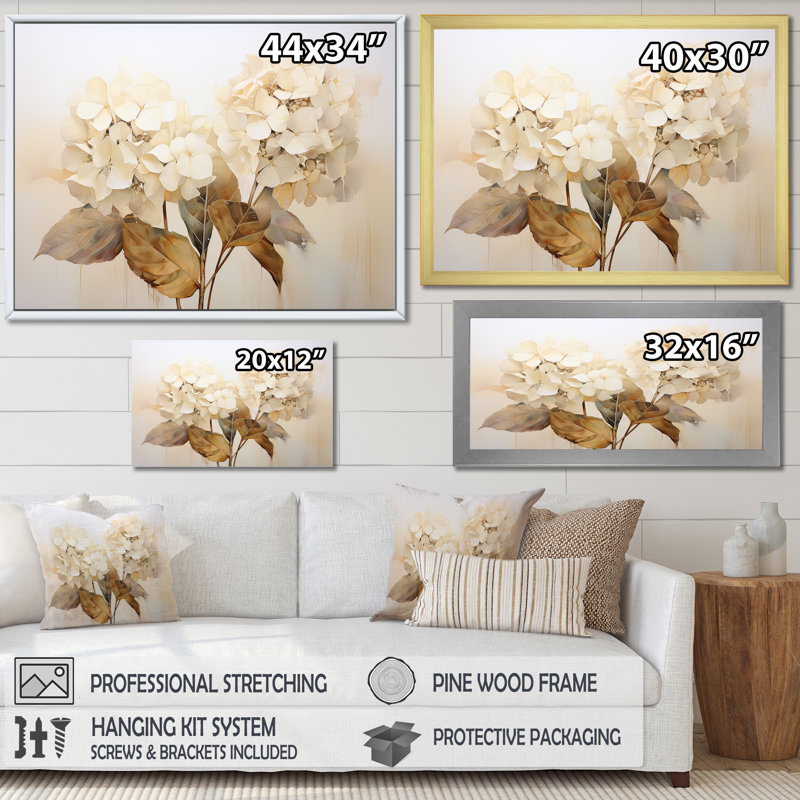 Vintage hydrangea minimalisme sur toile, H 24 po x l 32 po x P 1 po, Toile tendue