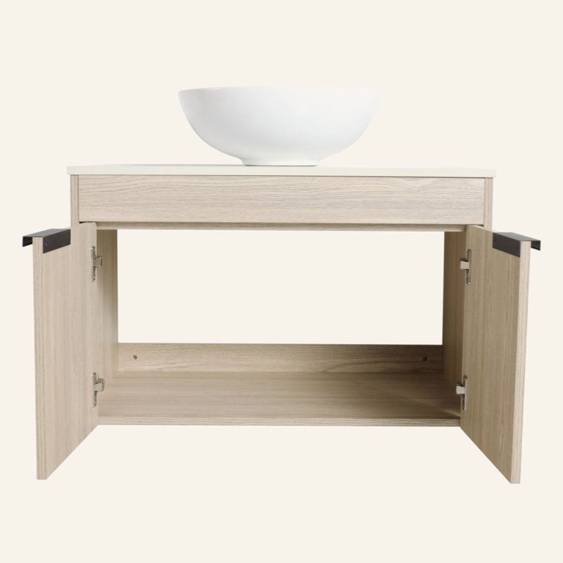 Meuble-lavabo moderne 42 po avec lavabo d'art en céramique, dalle de pierre blanche et petites tablettes de rangement, porte à fermeture douce