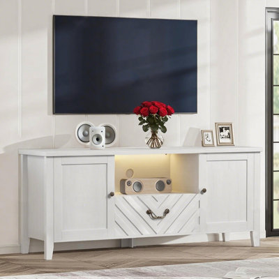 TV Stands for Living Room, White Entertainment Center with Led Lights, Television Stands for 65 Inch Tv, Long TV Console Table with 2 Storage and 1 Drawer, V-Shaped TV Table for Bedroom