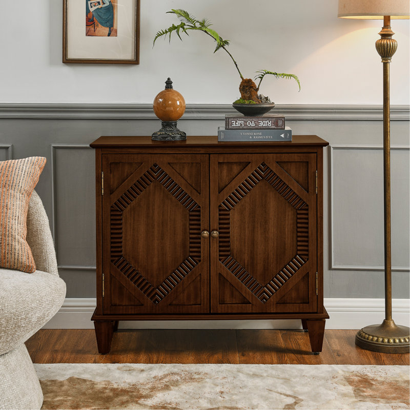 Buffet 33,6 po en bois rétro avec rangement, armoires de présentation géométriques symétriques, console média pour salon / vestibule / salle à manger / cuisine, noyer