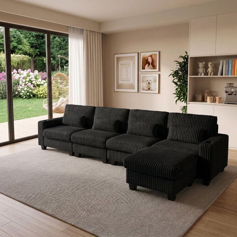 Canapé modulaire en L avec repose-pieds détachable, poches de rangement et porte-gobelets en forme de L, coussins lombaires inclus