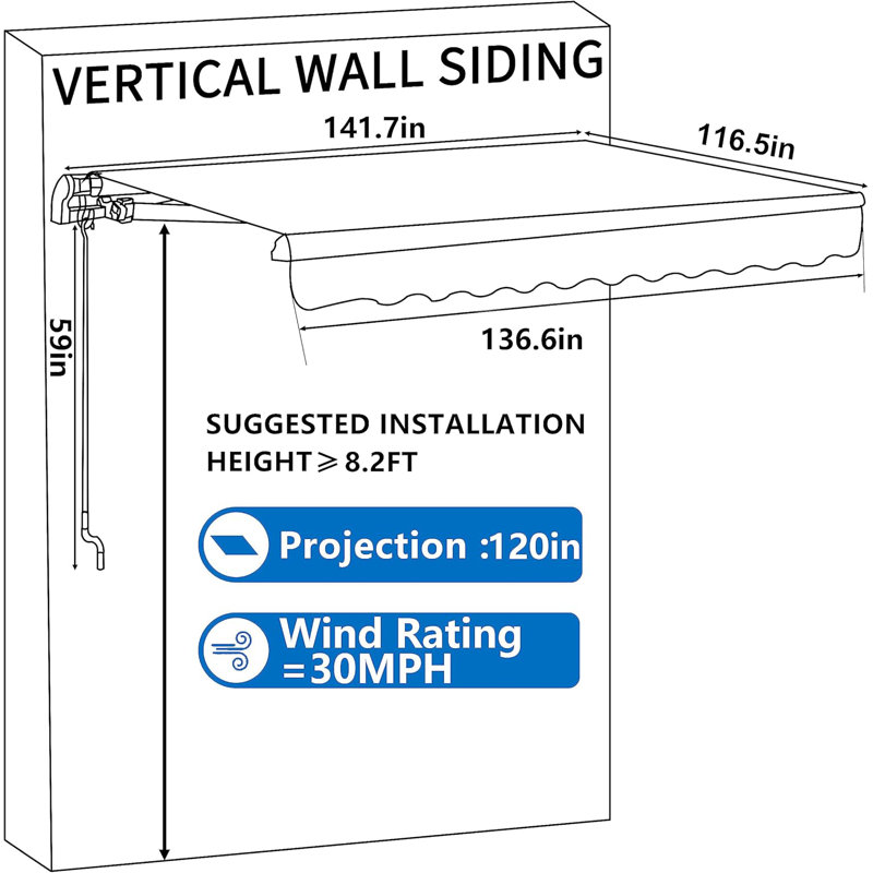 Patio Awning with Retractable Function and Manual Crank, Beige, 59" H x 142" W x 116.5" D