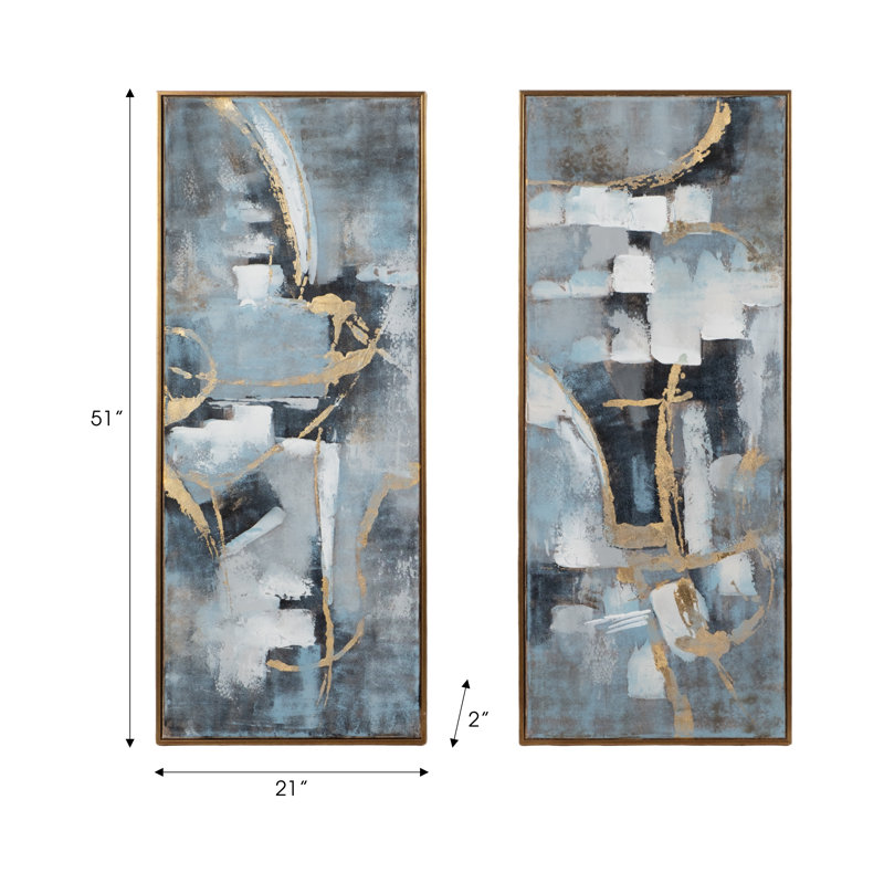 51" x 21" Blue and Gold Abstract Oil Painting on Canvas