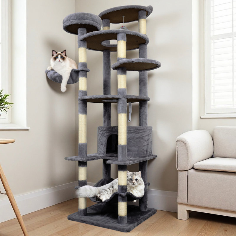 Tour pour chat gris foncé de 78 pouces avec de grands condos multiples et un surmatelas avec des zones de grattage enveloppées, un assemblage facile et spacieux pour une activité féline