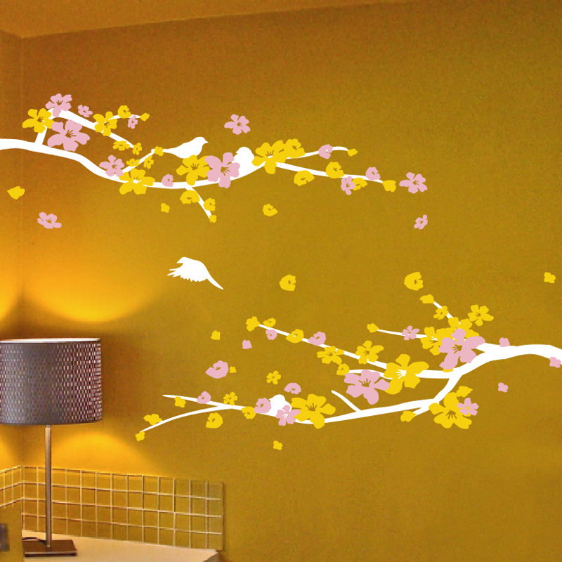 Décalcomanie murale petites fleurs de cerisier, Blanc / rose / jaune, H 20 po x l 24 po x P 0,01 po