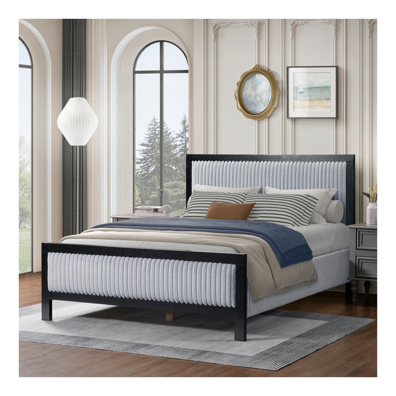 Grand lit tapissier avec tête de lit moelleuse, cadre gris et noir
