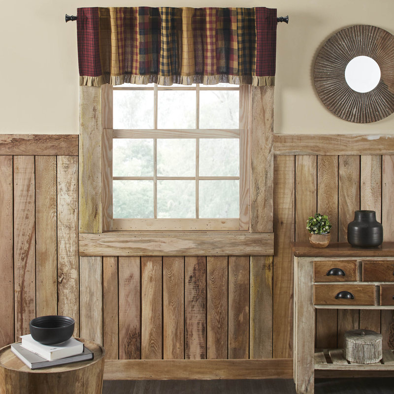 Connell Patchwork Burgundy and Tan Cotton Valance with Ruffles