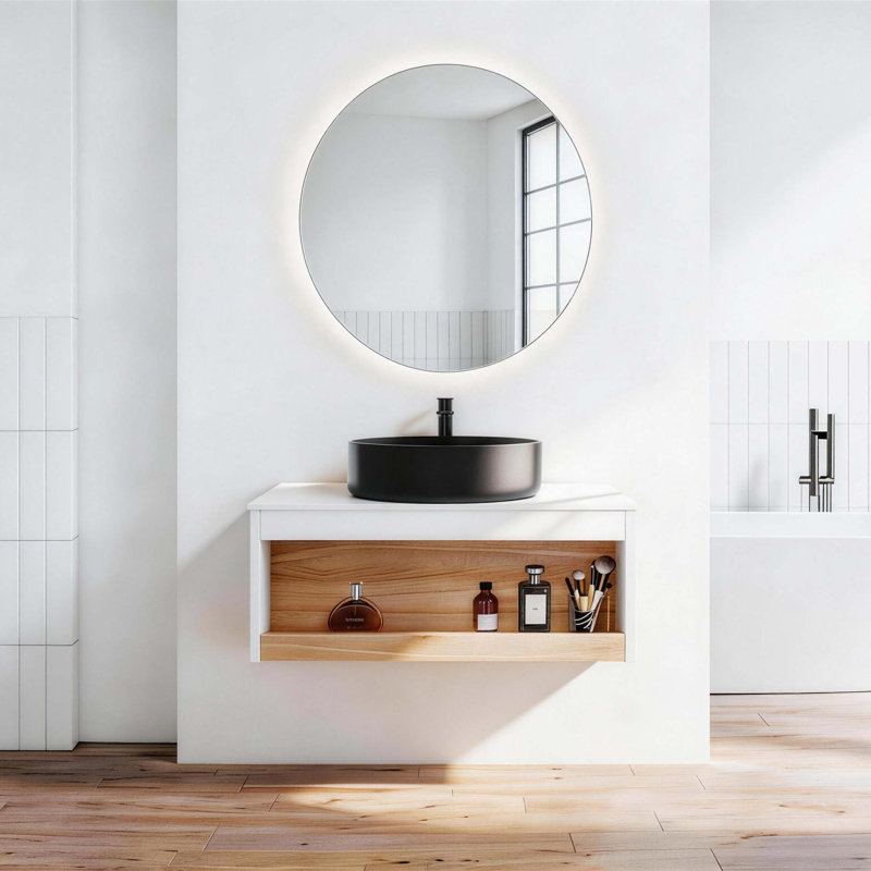 Meuble-lavabo flottant peu encombrant avec lavabo vasque noir mat et rangement ouvert