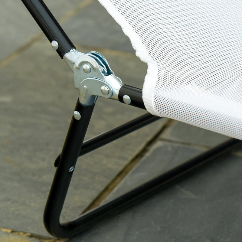 Cream White Beach Chair. Folding Lounge Chair For Outdoor. Reclining Back With Mesh Seat. . Adjustable Different Positions. Portable And Convenient. Strong Steel Frame. 264 Lbs Capacity.