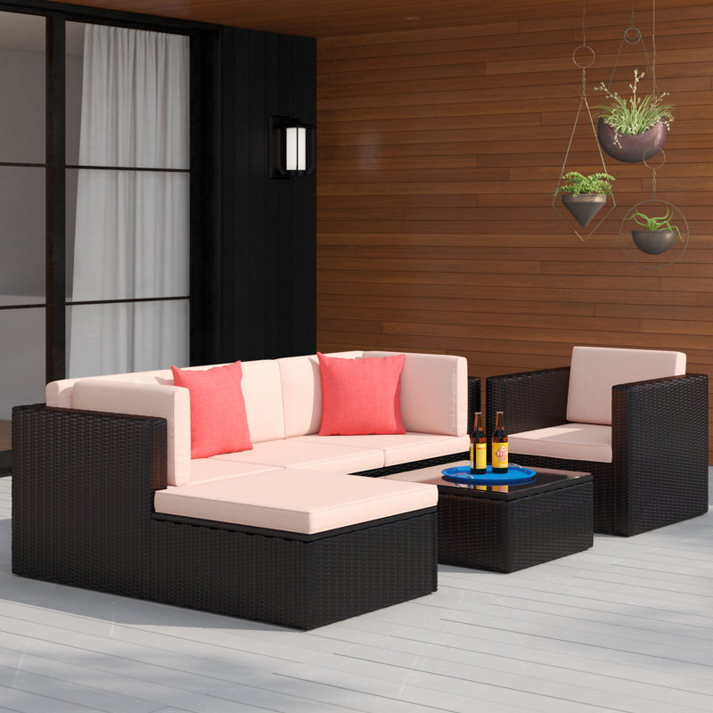 Ollison 5 - Person Patio Conversation Set with Cushions, Beige/Red