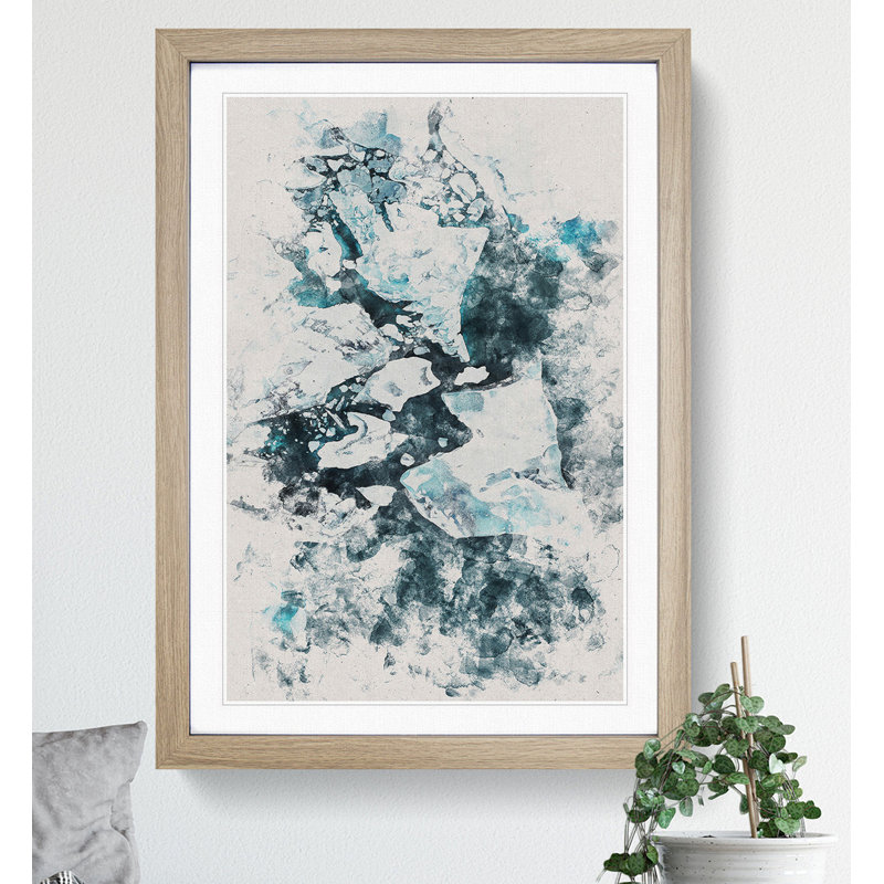 Broken Glacier in Iceland Watercolour - Picture Frame Graphic Art, Oak, 48cm H x 36cm W x 2cm D