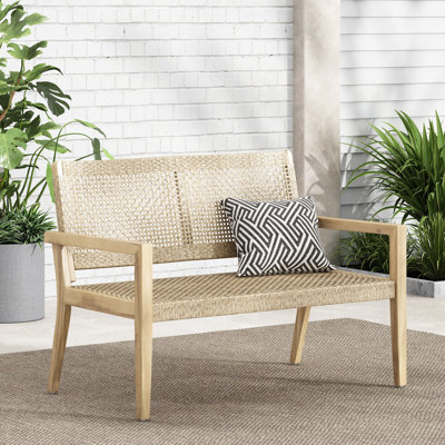 Outdoor Wicker And Acacia Wood Loveseat, 34" H X 46.5" W X 27.25" D