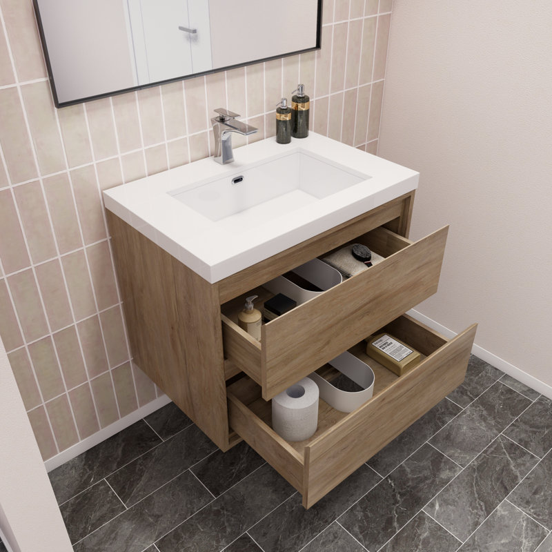 Azden 30" W Wall-Mounted Single Bathroom Vanity Set, White Oak