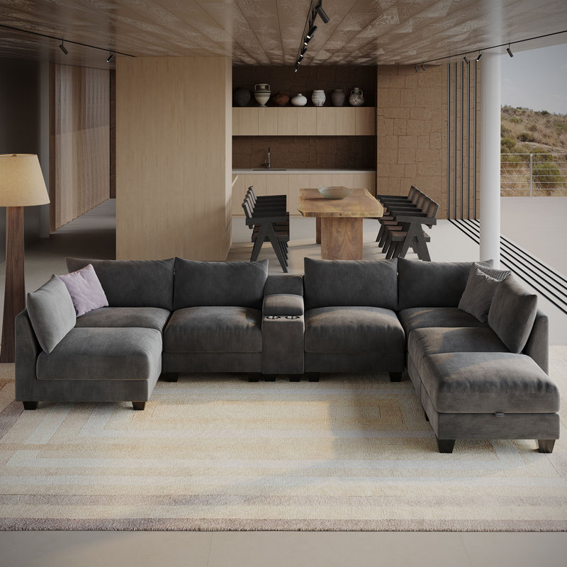 136 '' Modern U-shaped Sectional Sofa, Living Room Modular Cloud Couch With Ottoman And Console, Gray