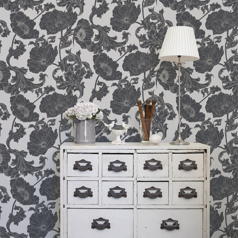 Papaver Large Floral Trail 10m x 53cm Wallpaper Roll, Monochrome
