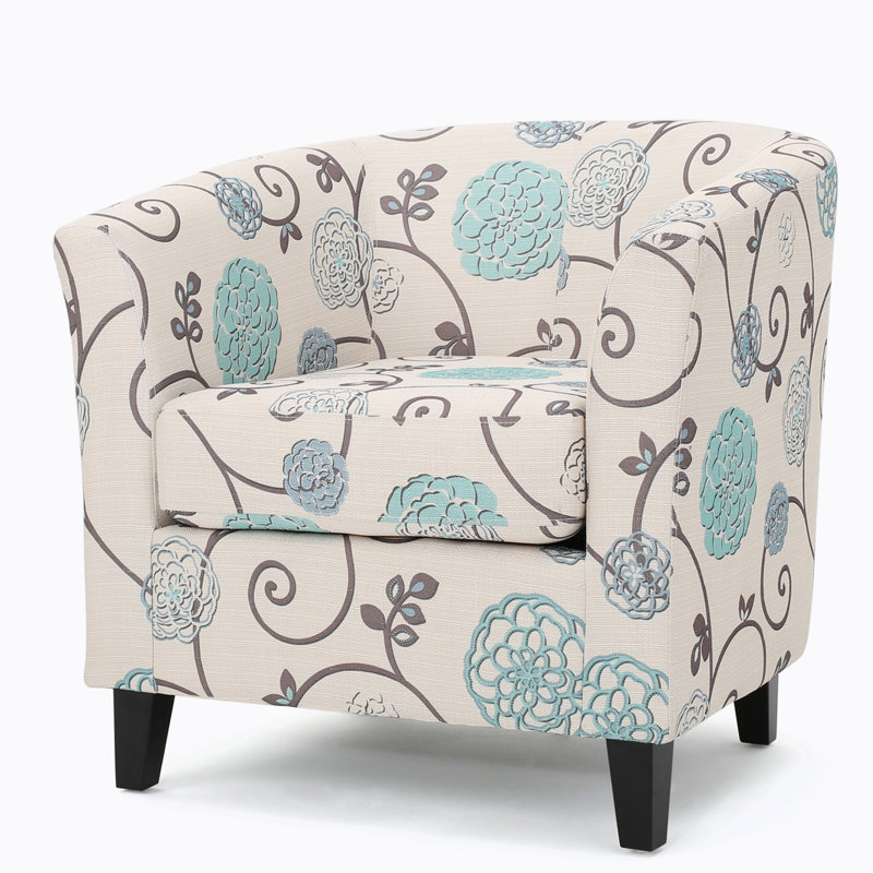 Tacie 29" W Floral Barrel Chair with Birch Wood Legs, Blue Floral Fabric