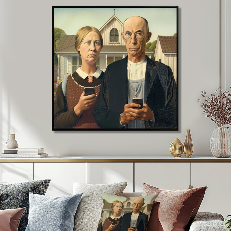 Couple de gothique américain avec le dernier téléphone intelligent - Couple, art mural, H 30 po x l 30 po x P 1 po