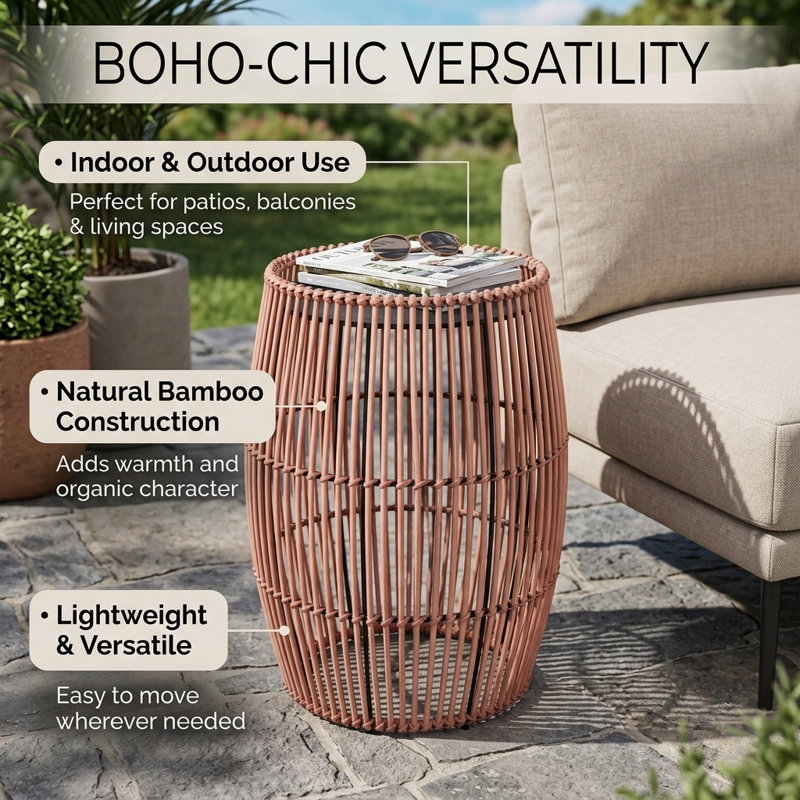 Outdoor Bamboo Drum Side Table with Iron Top, Weather-Resistant Boho Accent Table for Patio & Garden, 47 cm H x 31.8 cm Dia.