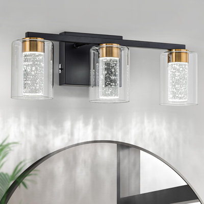 3-Light Black And Gold Vanity Light With 3 Color Modes (3000K/4000K/6000K), Dimmable LED Bathroom Light Fixture, Eye Protection Modern Wall Light Over Mirror With Clear Glass Shade