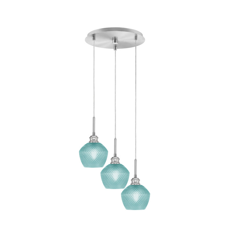 Luminaire suspendu grappe 3 lumières Edge avec verre texturé 6 po Edge, Nickel brossé, Turquoise texturé