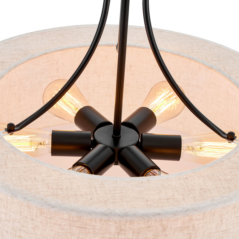 6-Light Modern Drum Black Chandelier with Linen Shade, Matte Black