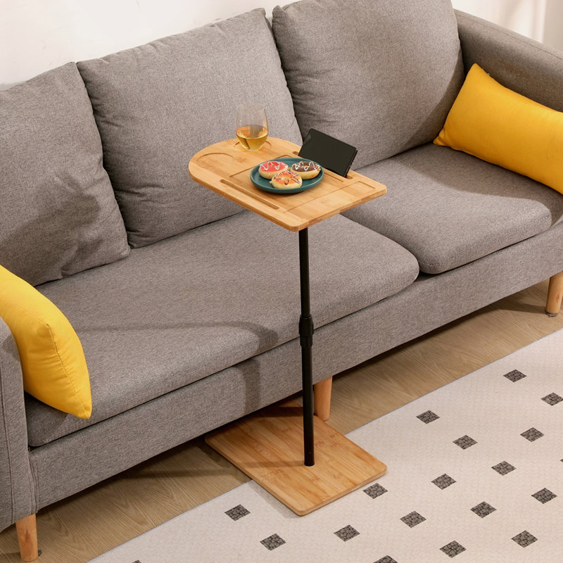 Couch Tray Table Bamboo Height Adjustable Side Table For Sofa C-Shaped Oval End Tables With Slots For Bed & Chairs In Living Room & Bedroom