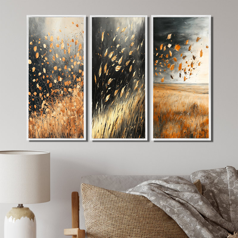 Ensemble de 3 décorations murales Windy Prairie Leaves I - Meadow, H 28 po x l 36 po, Impression encadrée flottante, Blanc