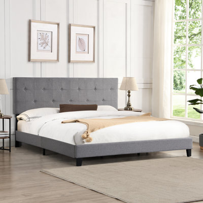 Lit plateforme très grand, tapissier avec tête de lit en tissu de lin gris, bouton, aucun sommier requis, support à lattes de bois, structure solide à assemblage facile et durable