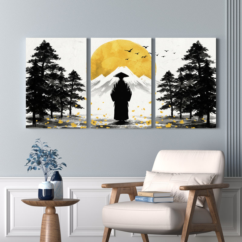 Ensemble de 3 tableaux sur toile tendue représentant un paysage zen japonais avec le mont Fuji et la silhouette d'un samouraï