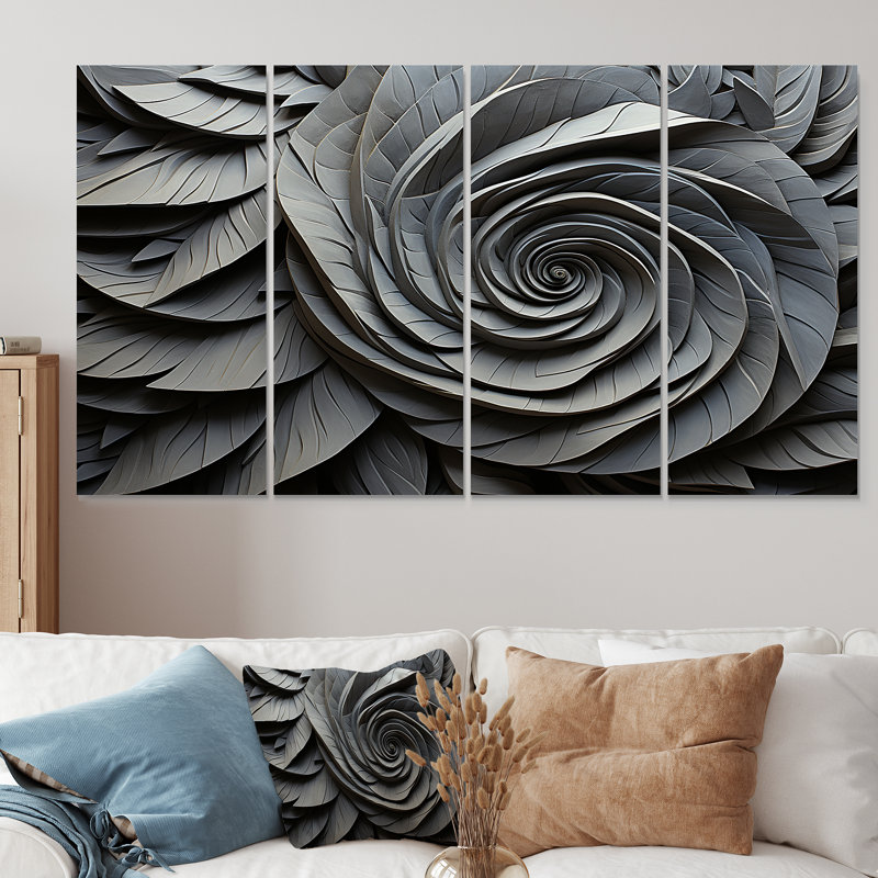 «Grey Spiraling Abstrract Flowers - Abstract Spirals», art mural 4 pièces, H 28 po x l 48 po