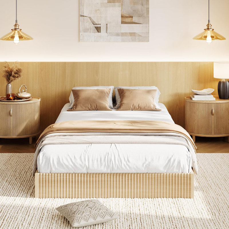 Twin XL Wood Platform Bed Frame, Fluted Panel Style, Heavy-Duty Support Slats, Walnut, Tan, Twin XL 