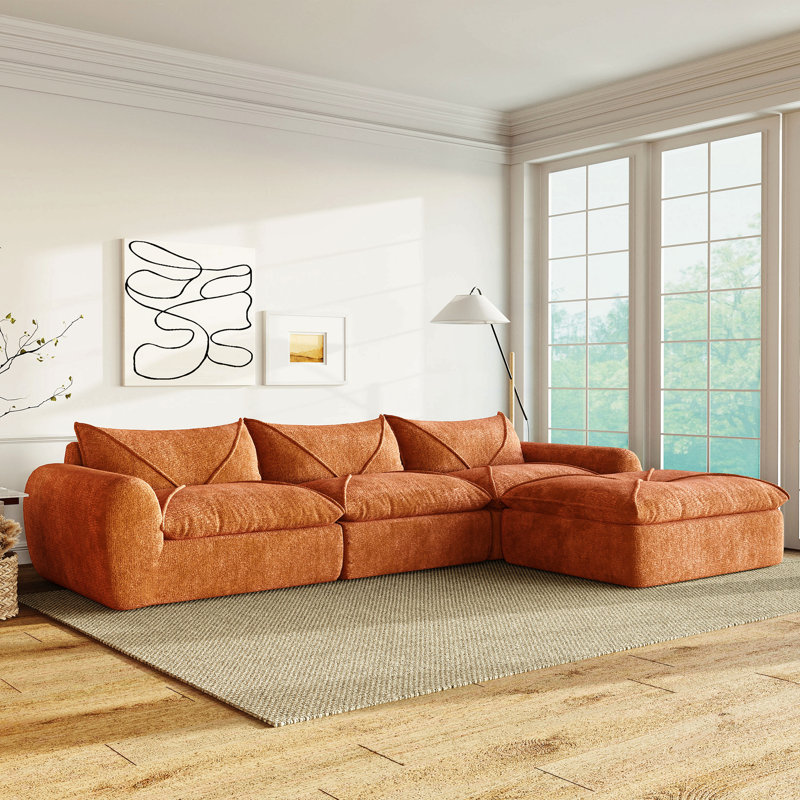 Canapé de 116 po entièrement compressé avec mousse à haute densité, dossier et coussin de siège intégrés, bordure décorative, conception sans pieds sans cadre, aucun assemblage requis, combinaison libre, chenille de particules