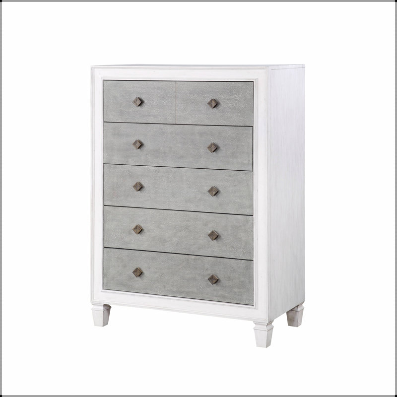Commode Katia gris rustique et blanc vieilli avec glissières pleine extension et tiroir supérieur doublé de feutre