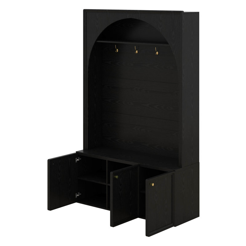 Arched Hall Tree With Bench And Shoe Storage, Entryway Storage Bench With Hooks And Adjustable Shelves, 3 Cabinets, Black