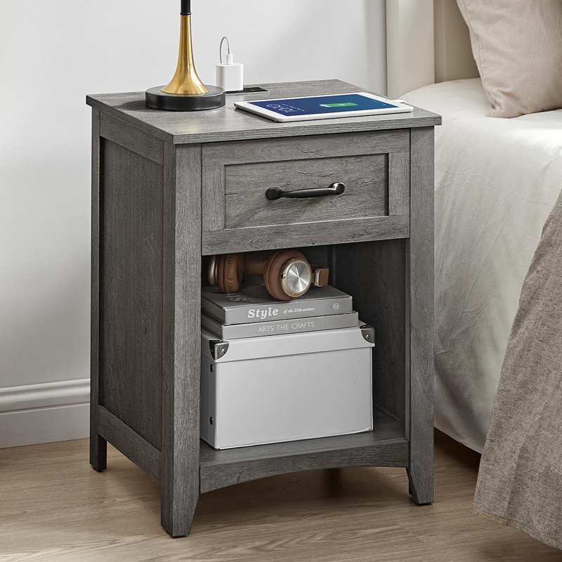 Allenside 18'' W Nightstand with Charging Station, Light Gray, Individual