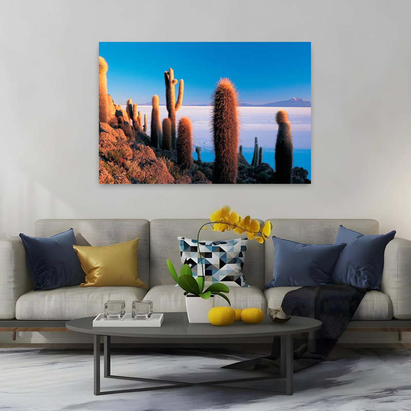 Cactus sur une colline Salar de Uyuni Potosi, Bolivie, abstrait, cactus contemporain, paysage, art naturel, H 40 po x l 60 po