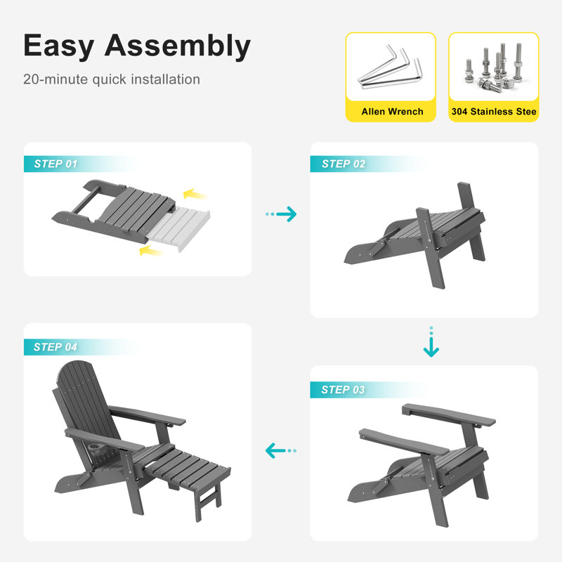 Folding Adirondack Chair with Retractable Ottoman & Cup Holder, 3-Position Adjustable for Patio, All-Weather Outdoor Seating
