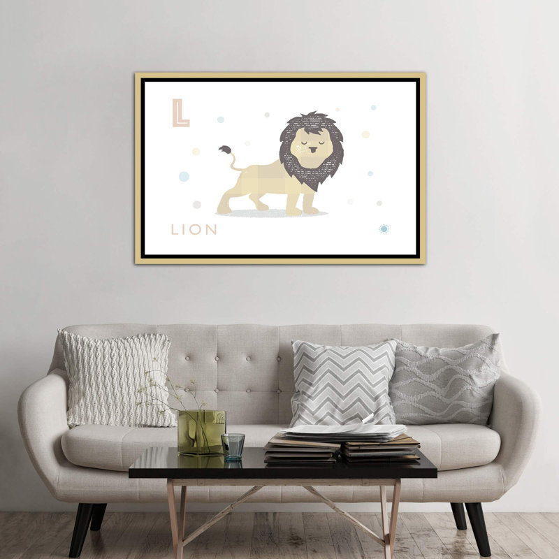 Lion - reproduction d'impression, H 40 po x l 60 po x 1,5 po, Toile encadrée d'or, Pas de tapis