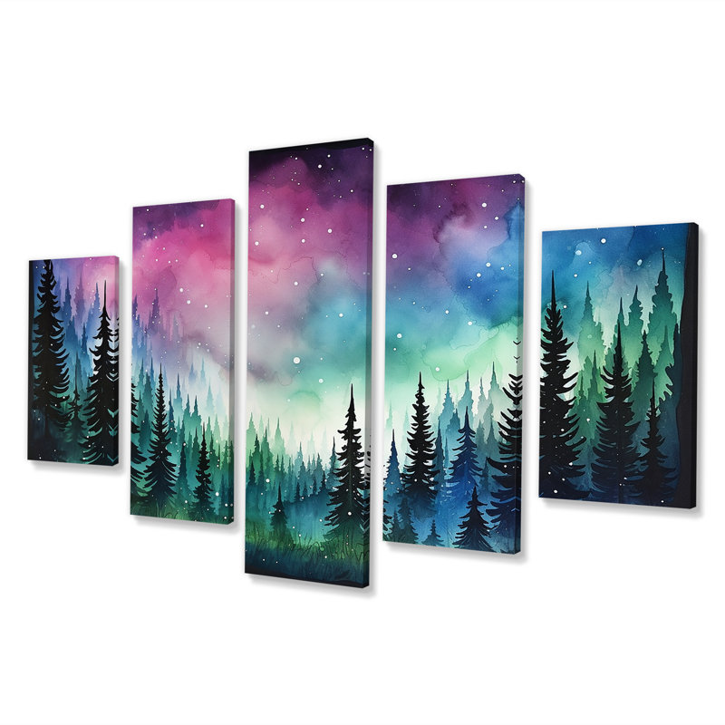 «Mauve Aurora Borealis Mountains I - Landscape Cottage Mountains Winter Multipanel», art mural