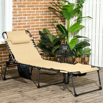 Fauteuil de jardin inclinable à 5 niveaux, trou pour le visage, poche latérale, beige, pour patio, fauteuil de bronzage d'extérieur de plage, coussin, 5 niveaux d'inclinaison, utilisation beige