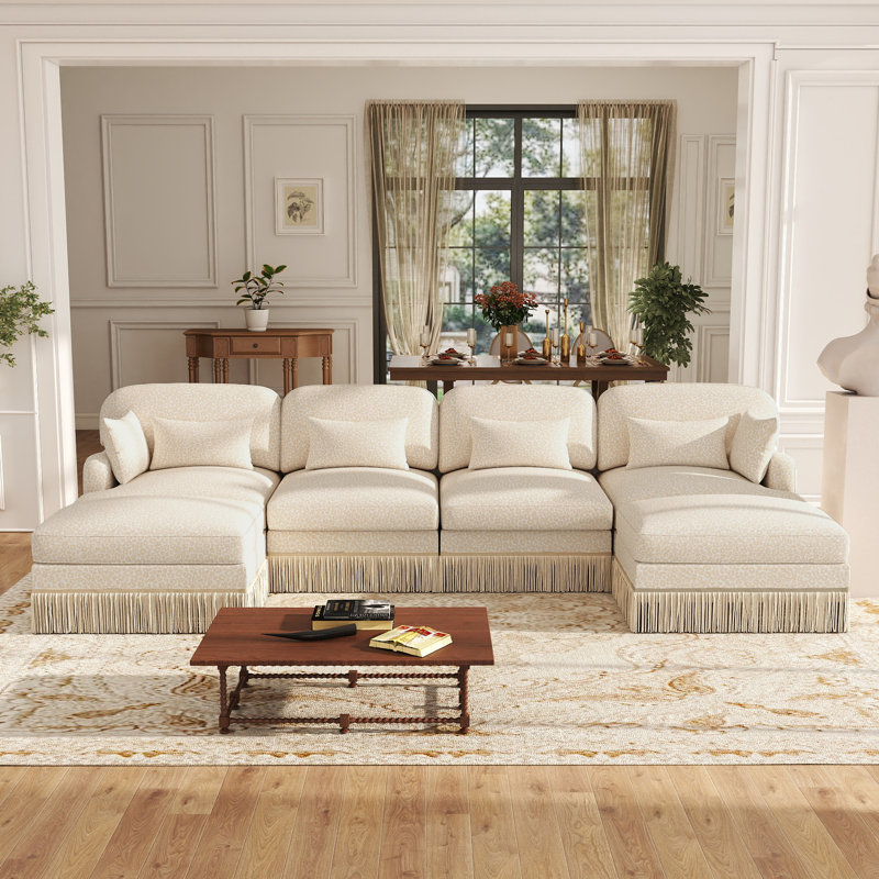 Élégant canapé modulaire en U à 4 places en chenille avec imprimé léopard et canapé avec pompon, Beige Chenille