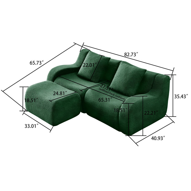 Canapé modulaire rembourré en tissu 2 pièces avec repose-pieds, Ours en peluche vert, H 35,43 po x l 82,73 po x P 65,73 po