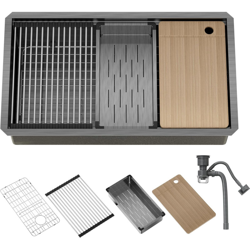 32-Inch Undermount Kitchen Sink With Ledge - Stainless Steel Single Bowl Workstation Sink, Deep Basin, Soundproof & Scratch-Resistant, Includes Cutting Board & Drying Rack