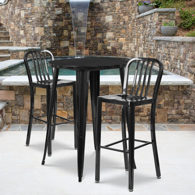 Drumfane 30'' Round Metal Indoor-Outdoor Bar Table Set with 2 Vertical Slat Back Stools