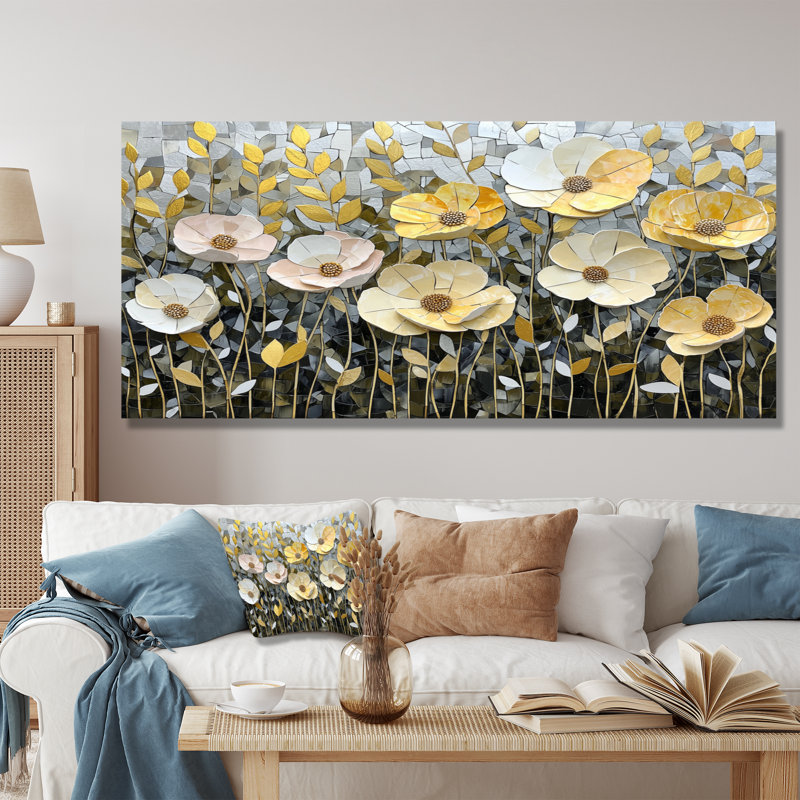Géométrique, coquelicots gris, mosaïque, champ II - coquelicots, art mural, 16" H x 32" W, Toile tendue